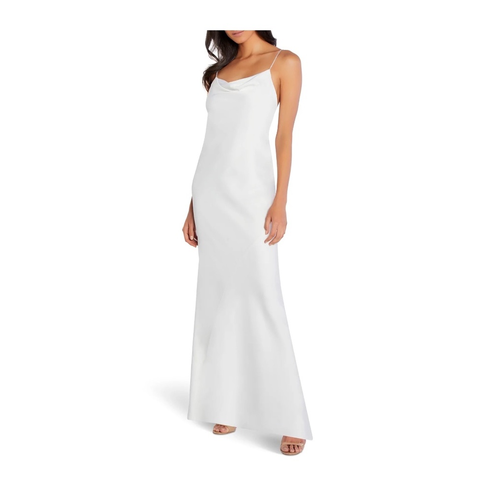Aidan By Aidan Mattox Jewel-Strap Cowl-Neck Satin Gown